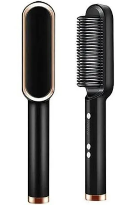 Escova alisadora Luxe Glow preta — vista frontal e lateral